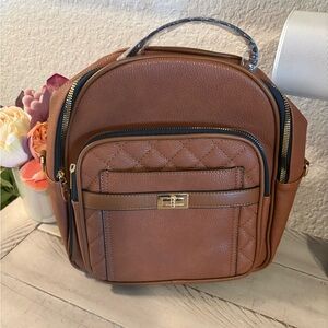 Vegan Leather Quilted Brown Small Backpack with Turn-Lock Front Pocket NWOT